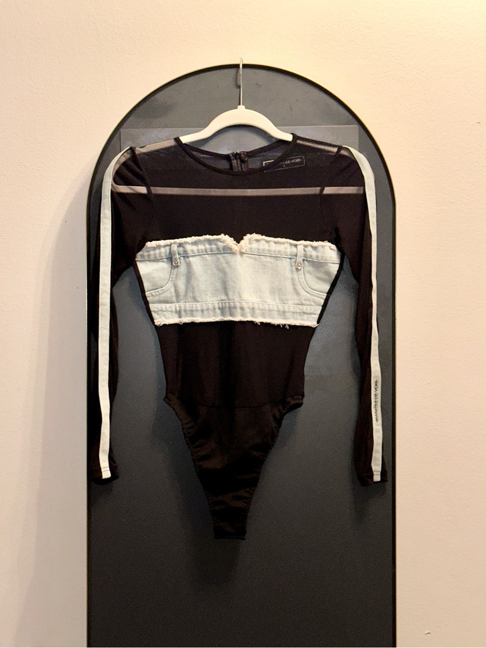 Black/Denim Sheer Long Sleeve Bodysuit with matching Leather Denim Mini Skirt